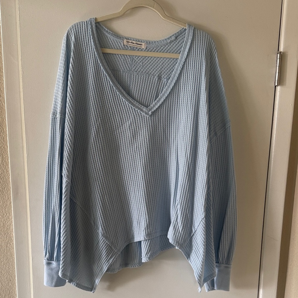 Free People Light Blue V-Neck Waffle Knit Top